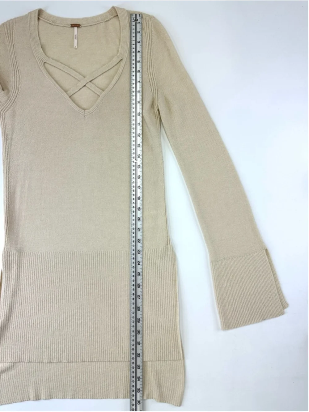 Free People Cream Criss Cross Bell Sleeve Oversized Sweater S Boho Knit Tunic